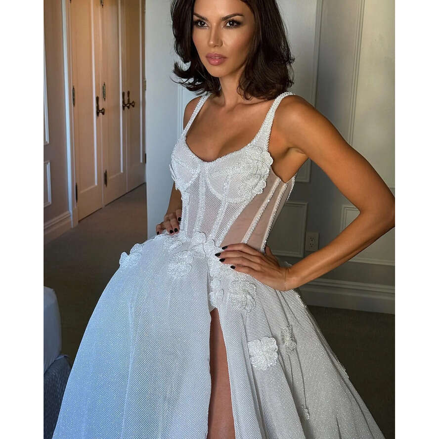 Dress E A Vintage For Bride Straps Illusion Bodice Appliqued Wedding Dresses Bridal Gowns Thigh Split Backless Glitter Country Robe De Mariage Pplique