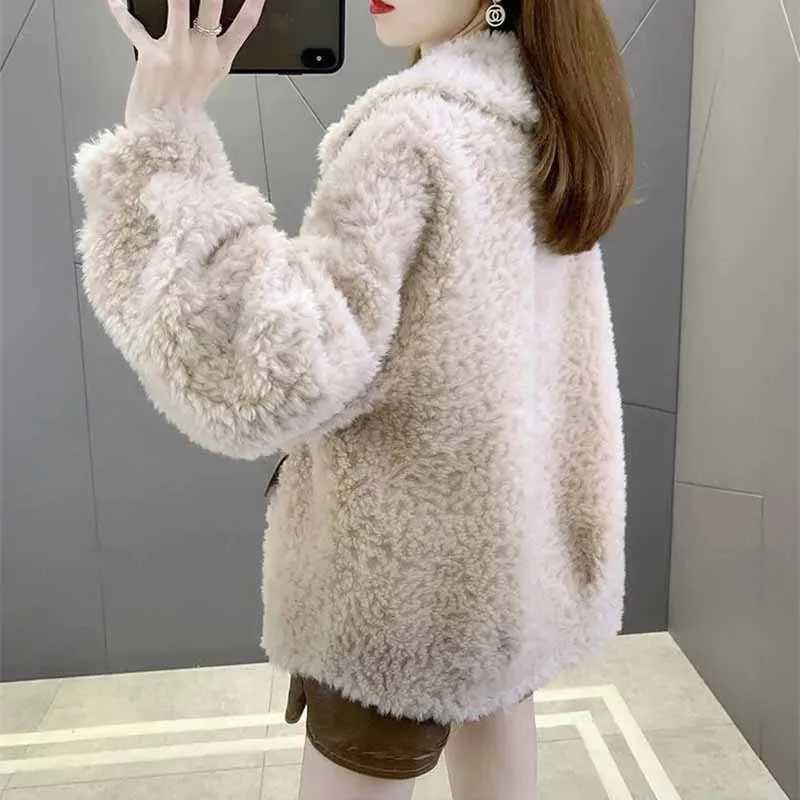 Korean Women Fashion Short Zipper Coat High-grade Ladies Solid Color Lamb Wool Outwear Autumn Winter Female Long Sleeves JacketX241018
