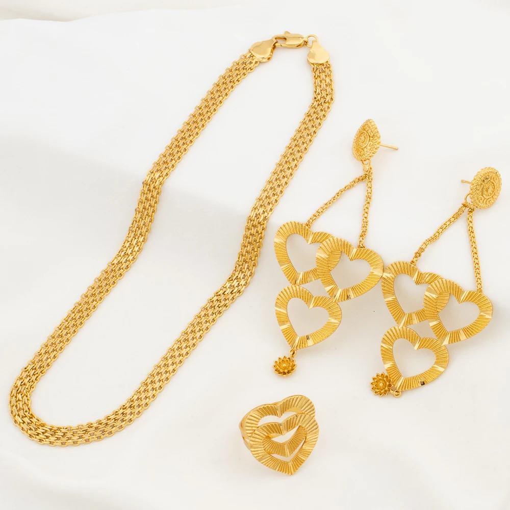 Gold Color Jewelry Sets for Women Bridal Necklace Earrings Adjustable Ring Dubai African Banquet Wedding Ornament Gifts 241018