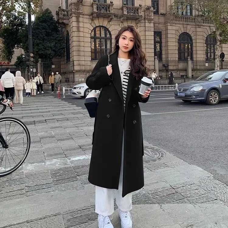 Lace UP Long Coat Women 2024 Spring Faux Woolen Full Sleeve Female Midi Jacket Fashion Single Breasted Loose Causal Lady CoatsX241009