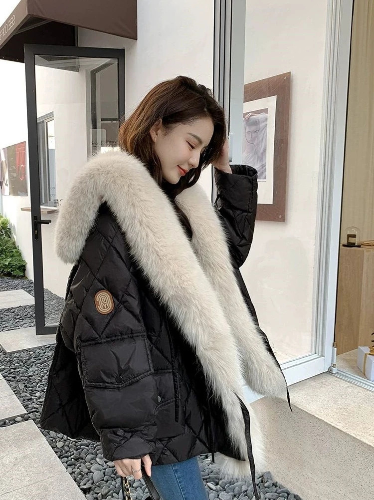 Light Faux Fox Fur Sailor Collar Bright Color down Cotton Jacket Coat Parka Womens MidLength winter clothes women 241018