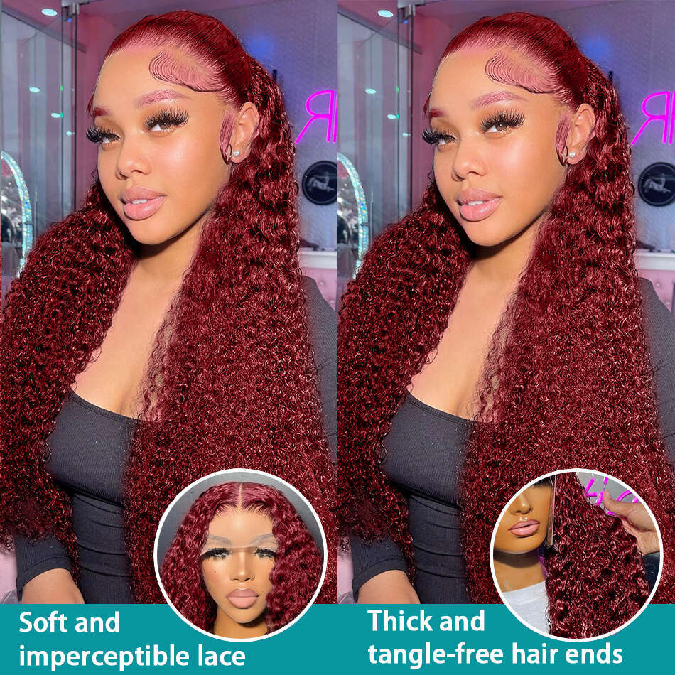 Bury 99J Deep Wave Front Wigs Human Frontal Wig HD Transparent Lace 13x6 Red Colored Brazilian Hair For Women