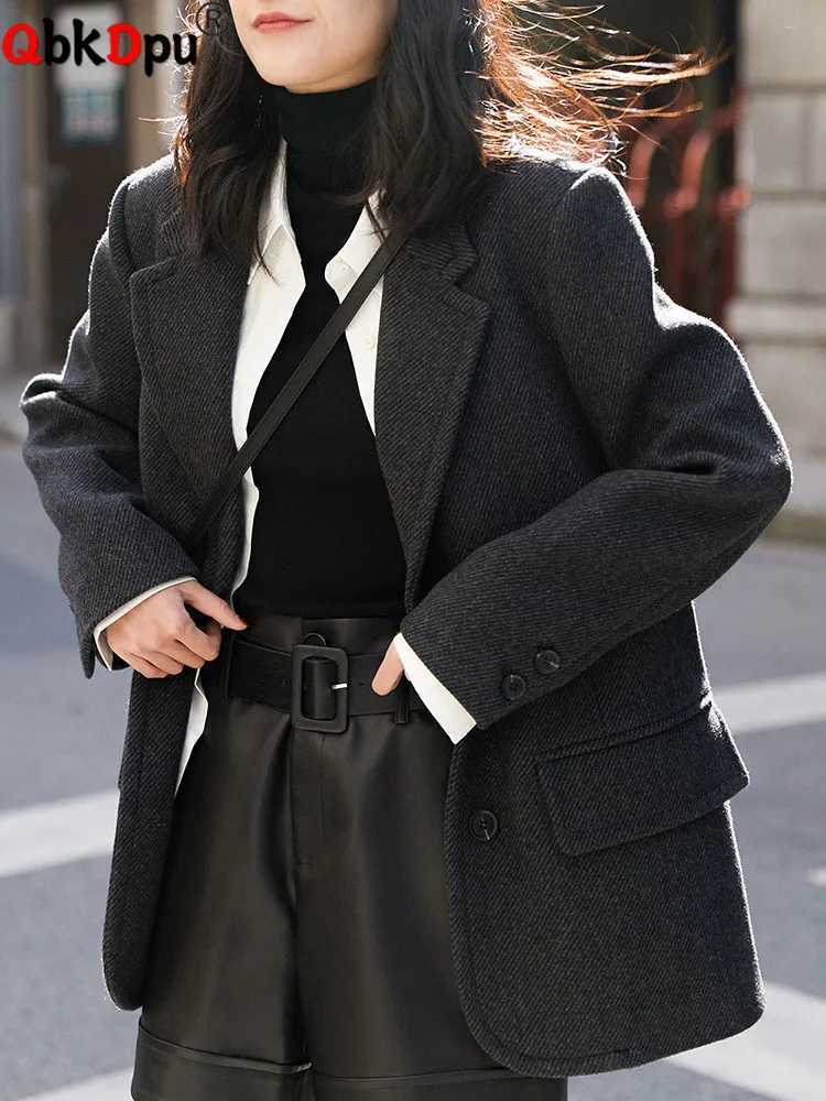 Winter Korean Woolen Suit Coat Thick Single Breasted Women Mid Length Jackets Warm New Loose Vintage Wool Blend Casaco OvercoatX241009