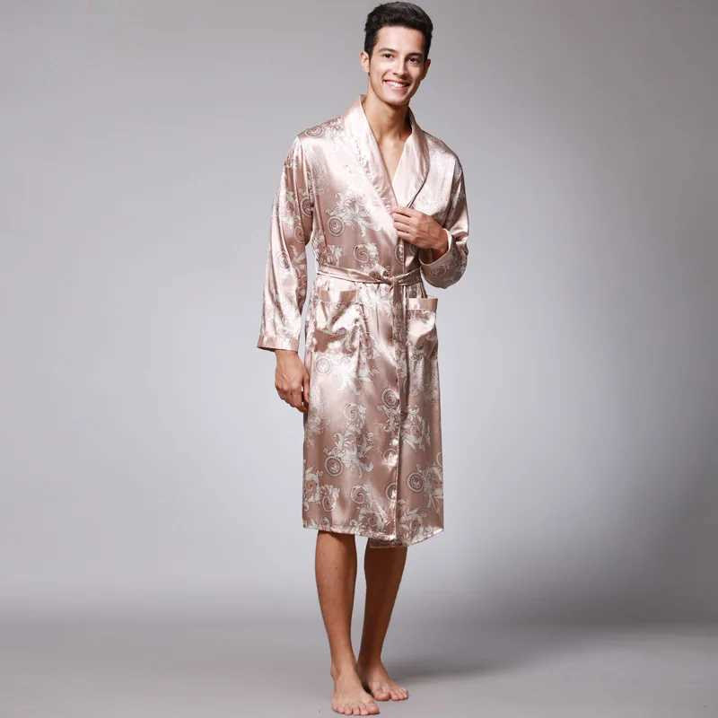 Men Sleepwear Shower Robe Bathrobe Man Pajama with Belt Imitation Silk Printing Bathrobe Satin Pijama Hombre Pyjama LoungewearXJ241018