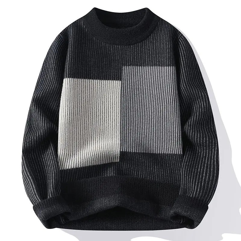 Korean Fashion Autumn Winter Sweaters Mens Shirt Collar Contrast Color Striped Casual Long Sleeve Loose Pullovers Knitted Tops 241018