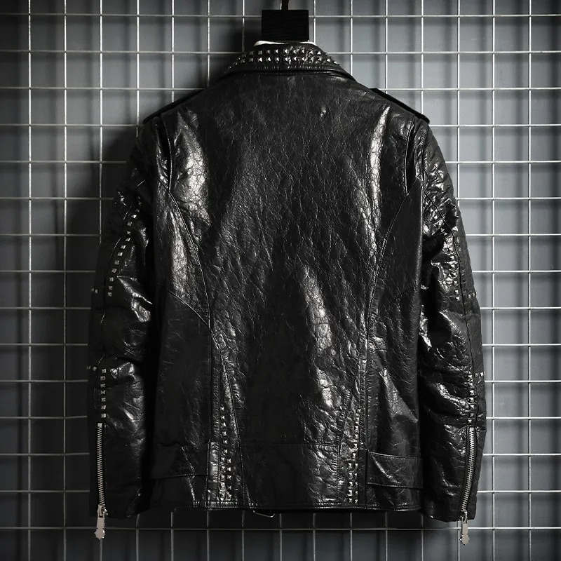 Punk Style Outerwear Rivets Zipper Motorcycle Biker Jacket Men TurnDown Collar Genuine Leather Cowhide Coat Mens Short Jackets 241018