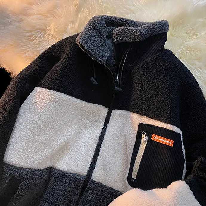 2021 lamb wool stitching striped cardigan sweater womens winter new design sense niche loose cotton jacket chaketas de mujerX241018