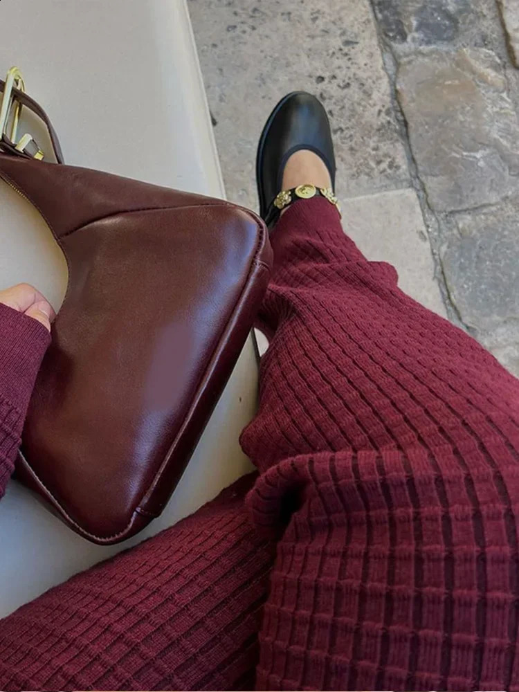 2024 Autumn Women Wine Red Knit Sweater 2 Peice Sets V-neck Cardigan Coats High Waist Wide Leg Pants Ladies Fashion Casual Suits 241017