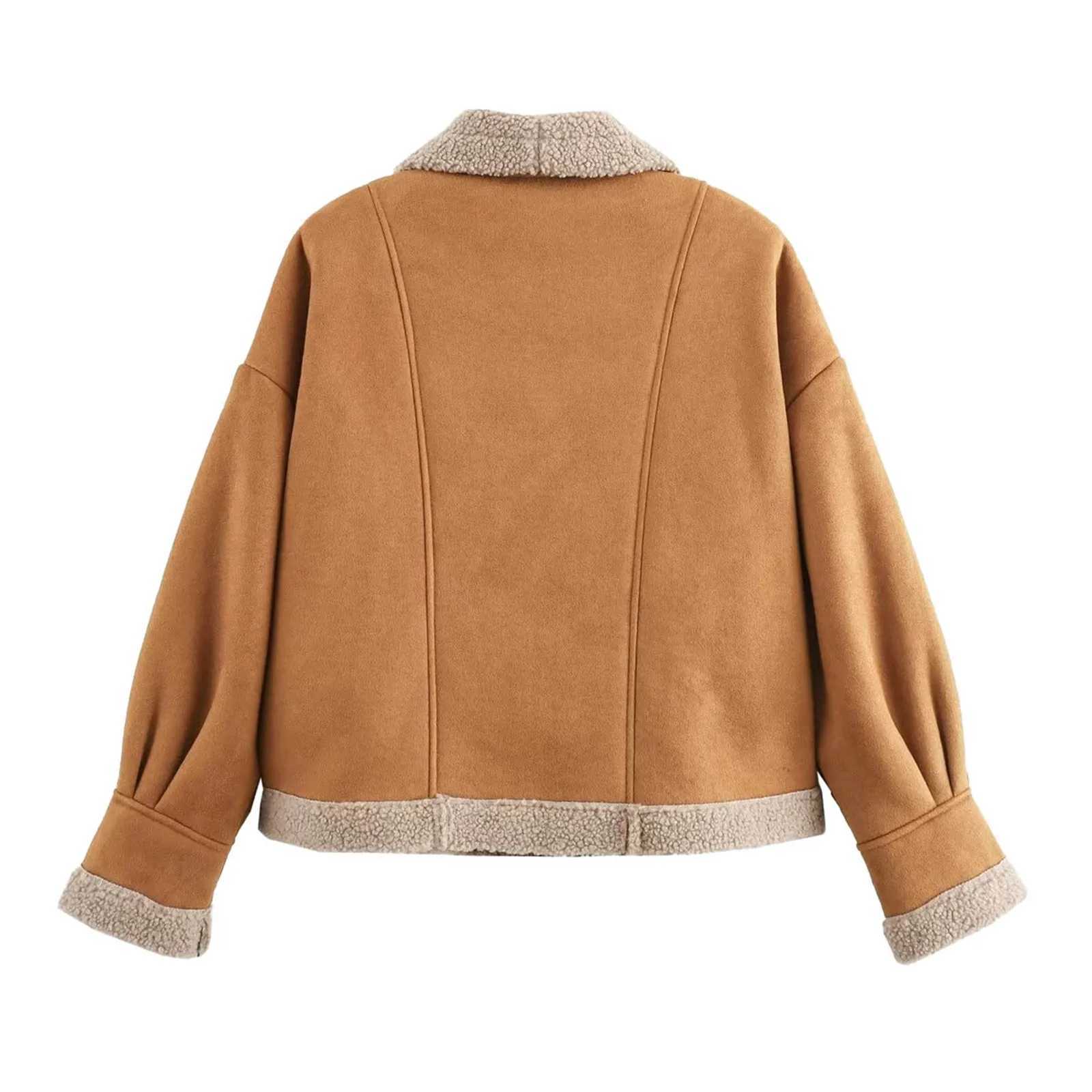 Chic Lapel Lamb Wool Patchwork Coat Women Casual Button With Pocket Thickened Jacket 2024 Autumn Winter New Lady Retro OuterwearX241018