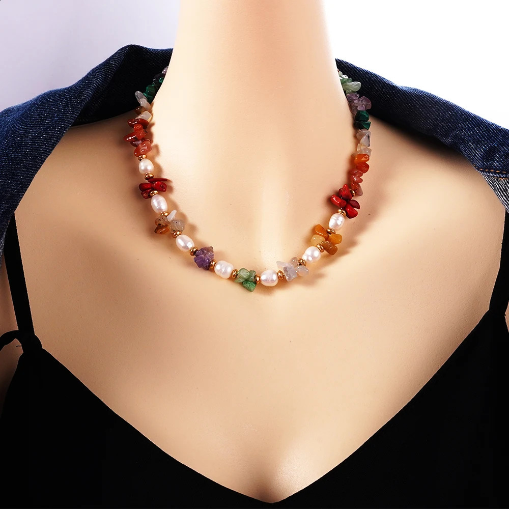 Natural gemstone necklace irregular red coral chip stone natural pearl jewelry production stainless steel accessories necklace 241018