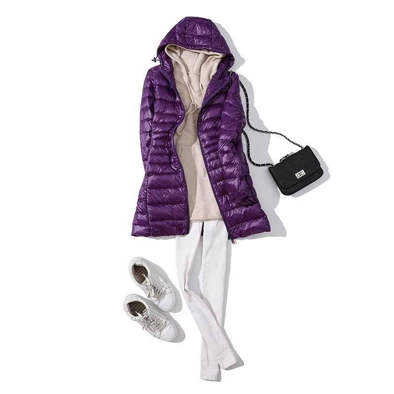 Women Long Warm Light Down Jacket Ladies Fashion Hooded With Portable Storage Bag Puffer Coats Womens Overcoats Hip-Length Coat