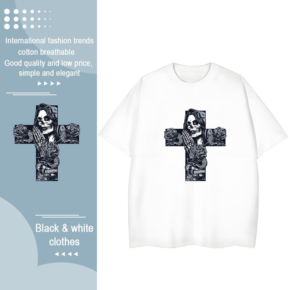 Casual New T shirt 230g Pure Cotton Round Neck Short Sleeve Daily Wear skull Woman Tshirt Popular Black Oversized Tops Tees