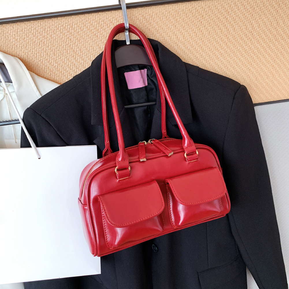 PU Leather Women Tote Double Pocket Top-Handle Bags Fashion Solid Designer Armpit Bag Casual Zipper Portable Ladies Purses