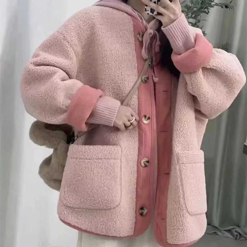 Hdspq Contrast Vintage Lamb Wool Jacket Women Fashion O-Neck Single Breasted Plush Coats Woman 2023 Autumn Winter Warm OuterwearX241018