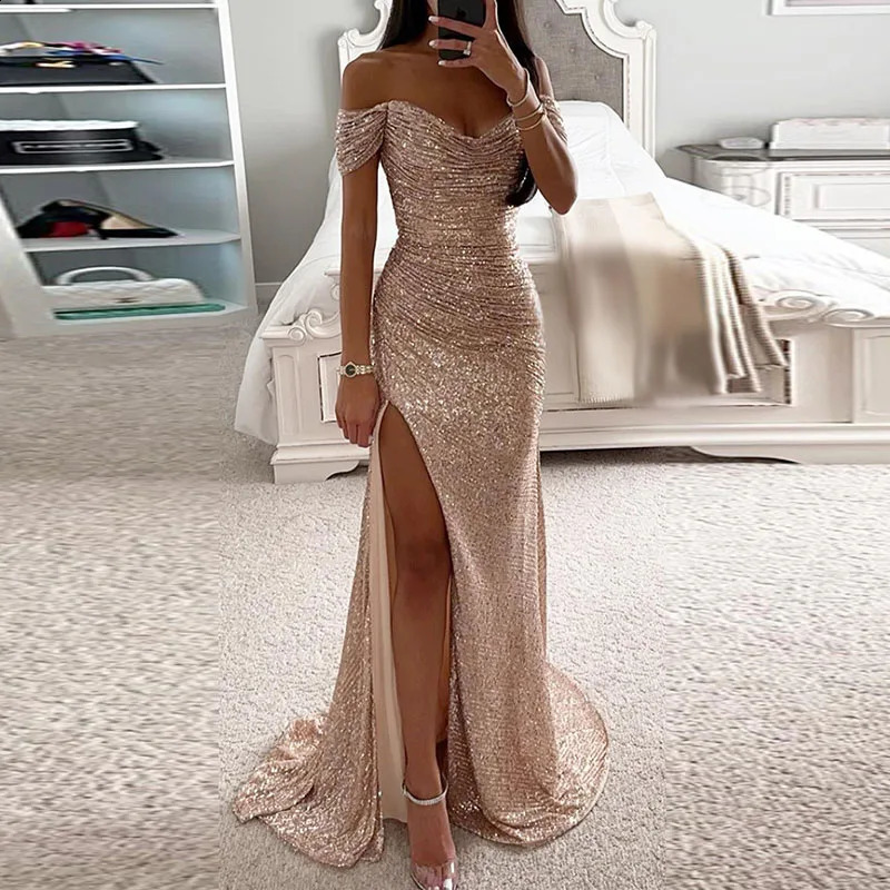 Womens slanted neck high score style evening dress with sequins shark slim fit buttocks long dress spring and summer shoulder hollow long dress 241017