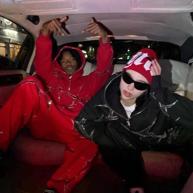 Hip Hop Rhinestone Print Hoodies Pants Suit Men Women Streetwear Fashion Y2k Zipper Hoodie Jacket Gothic Autumn Loose SweatshirtC241018
