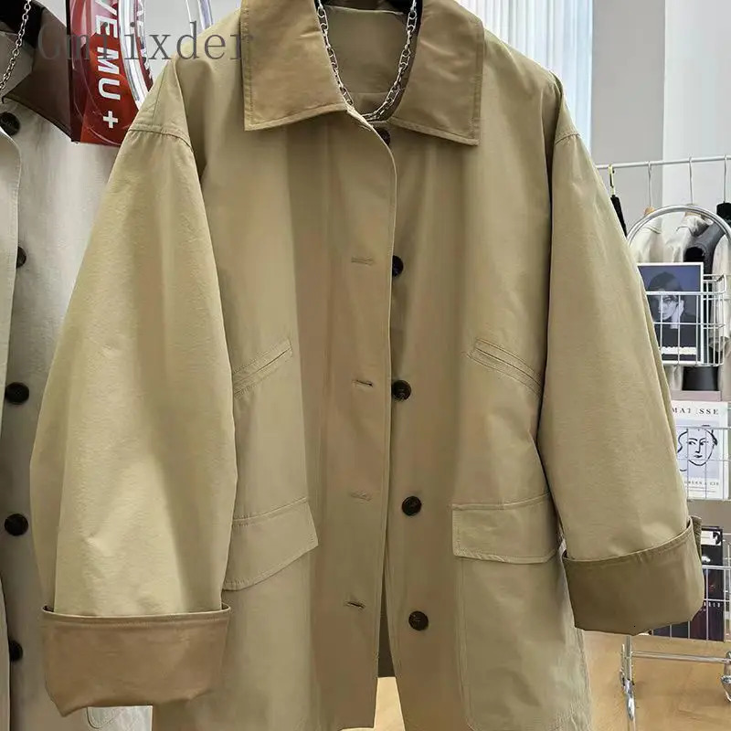 Highend Chic Contrasting Color Lapel Midlength Casual Windbreaker Spring Autumn Thin Korean High Street Workwear Jacket 241018