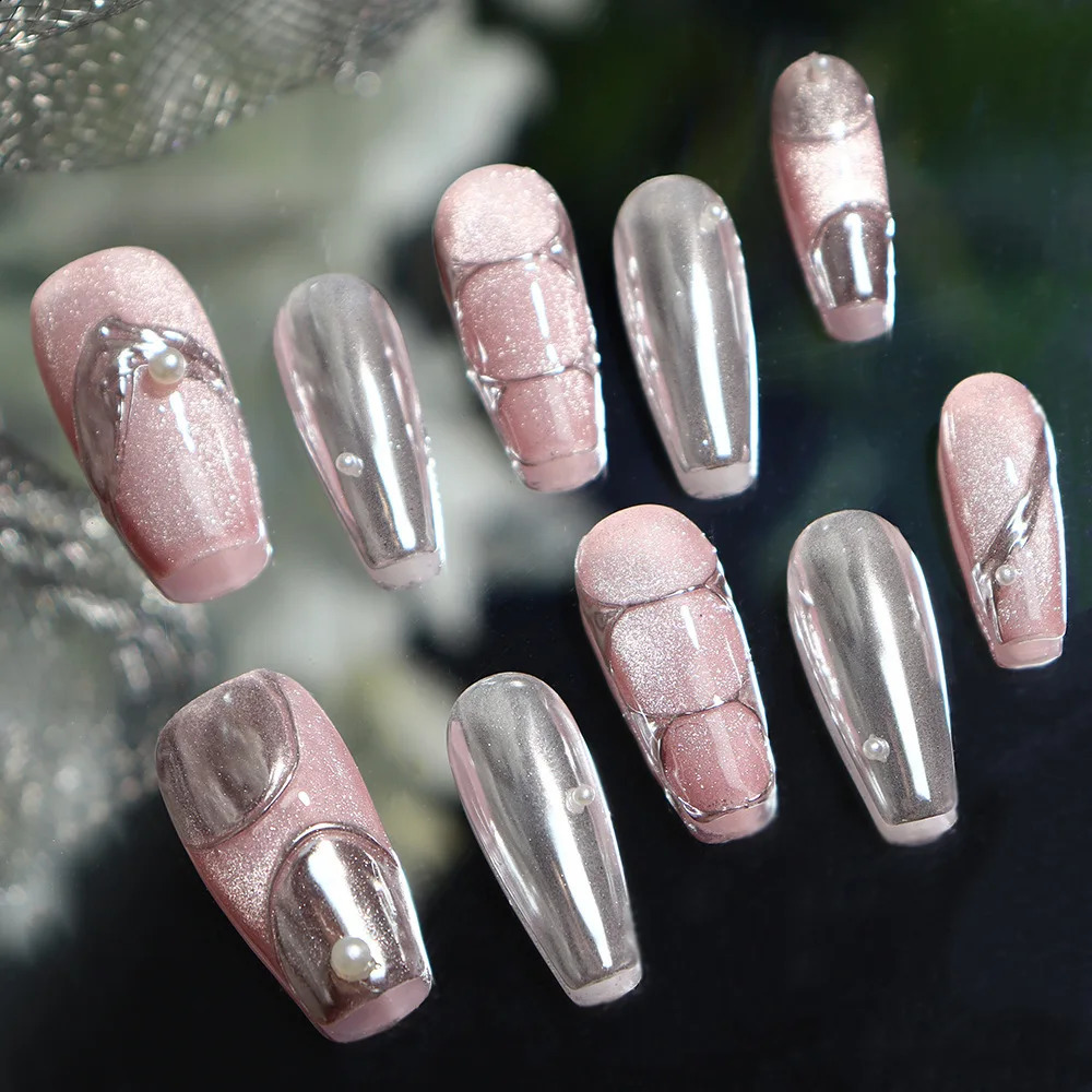 3D Colorful Aurora Pearl Butterfly Handmade Press On Nails Cute Fashion Wearable Shiny French Almond false Nails 241017