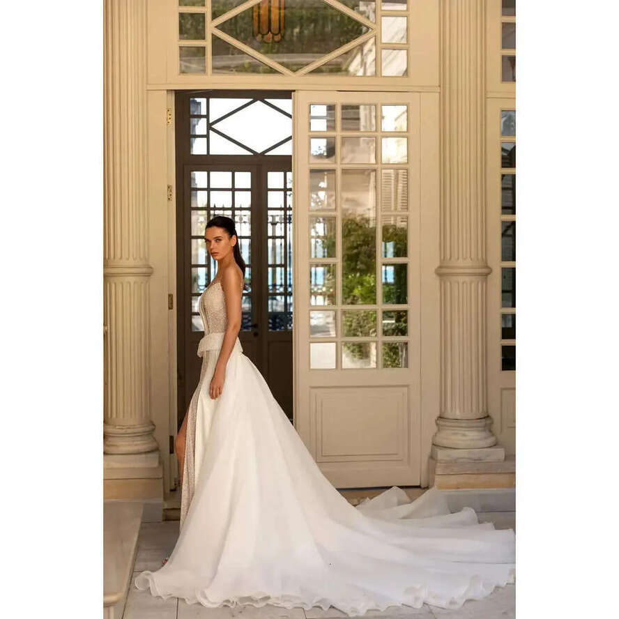 Transparent Mermaid V Collar Neck Elegant Wedding Tulle Design Beaded Satin Chiffon Split Trailer Plus Size Bride Gown Celebrity Dress Vestidos De Nov