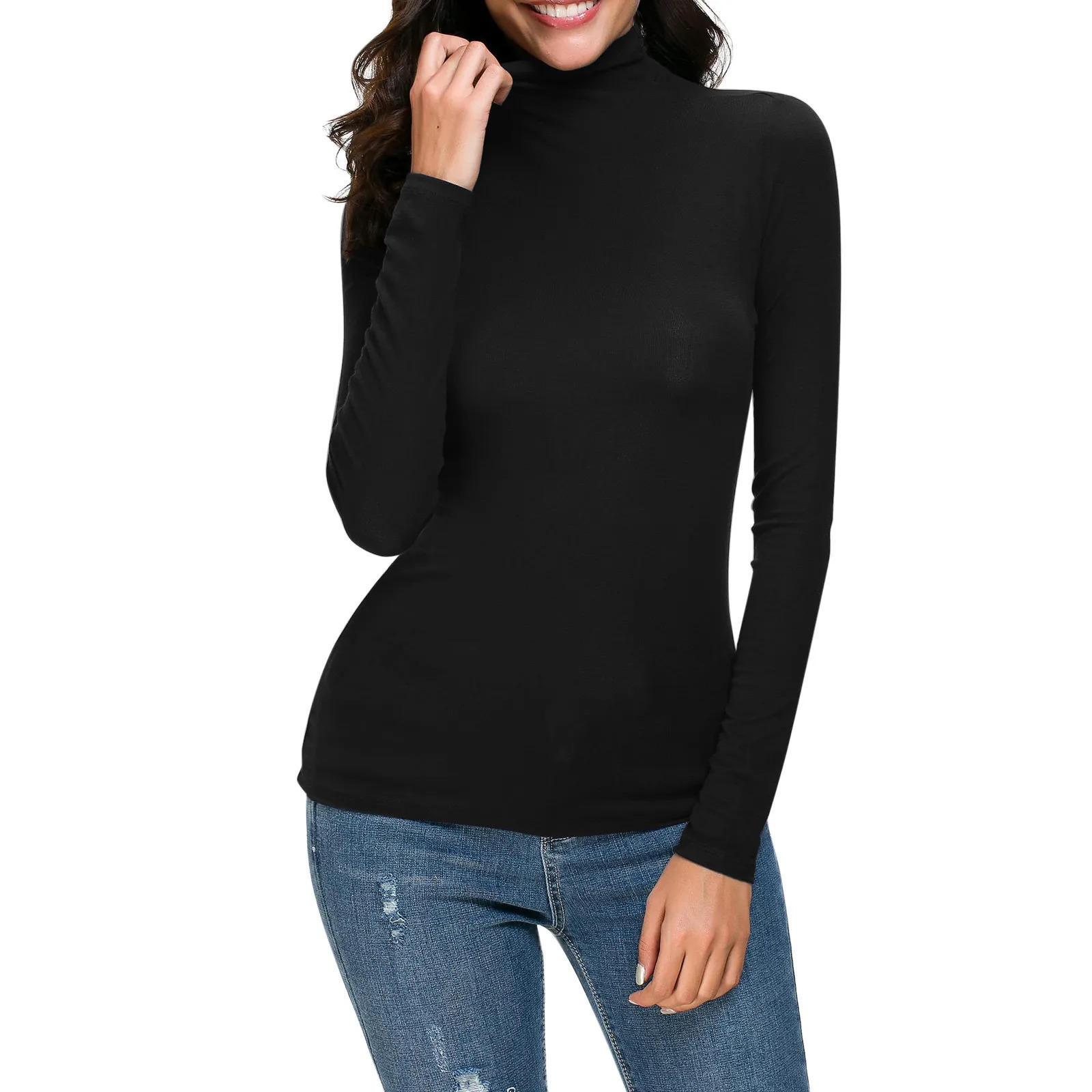 Turtleneck Women Basic TShirt Casual Solid Long Sleeved Blouse Tops Slim Fit Stretchy Versatile Tee Shirts Yellow Black T Shirt 241018