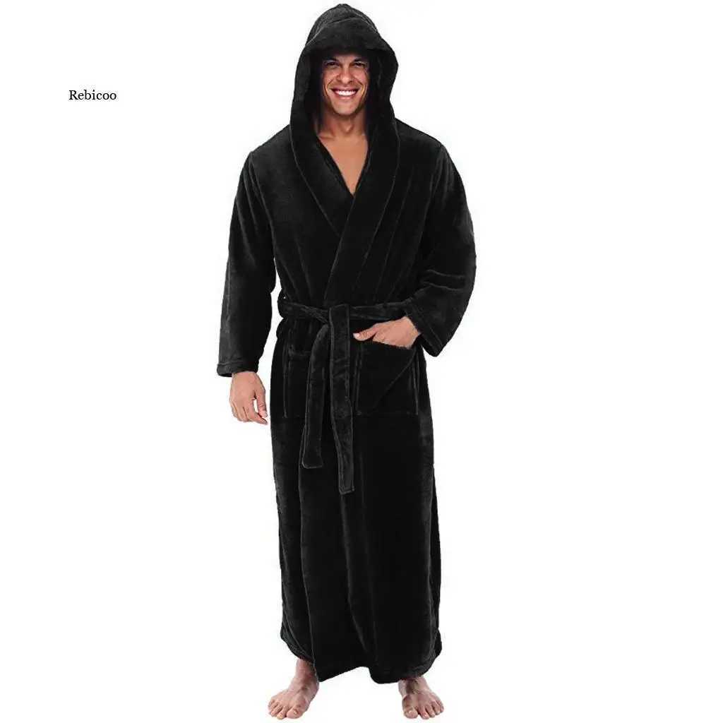 Mens Autumn Winter Thick Long-sleeved Bathrobe Comfortable Hooded Robe Nightgown Bath Gown Sleepwear Nightwear CoatsXJ241018