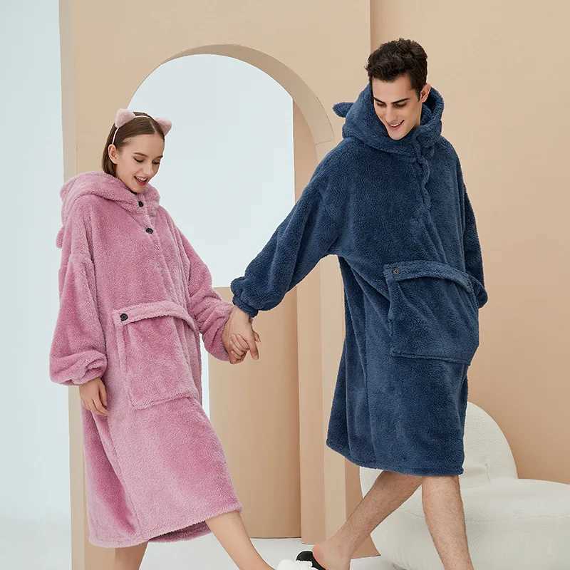 Unisex Robes Men Winter Dressing Gown Winter Warm Fleece Robe Pullover Hooded Women Winter Dressing Gown Robes Soft BathrobeXJ241018