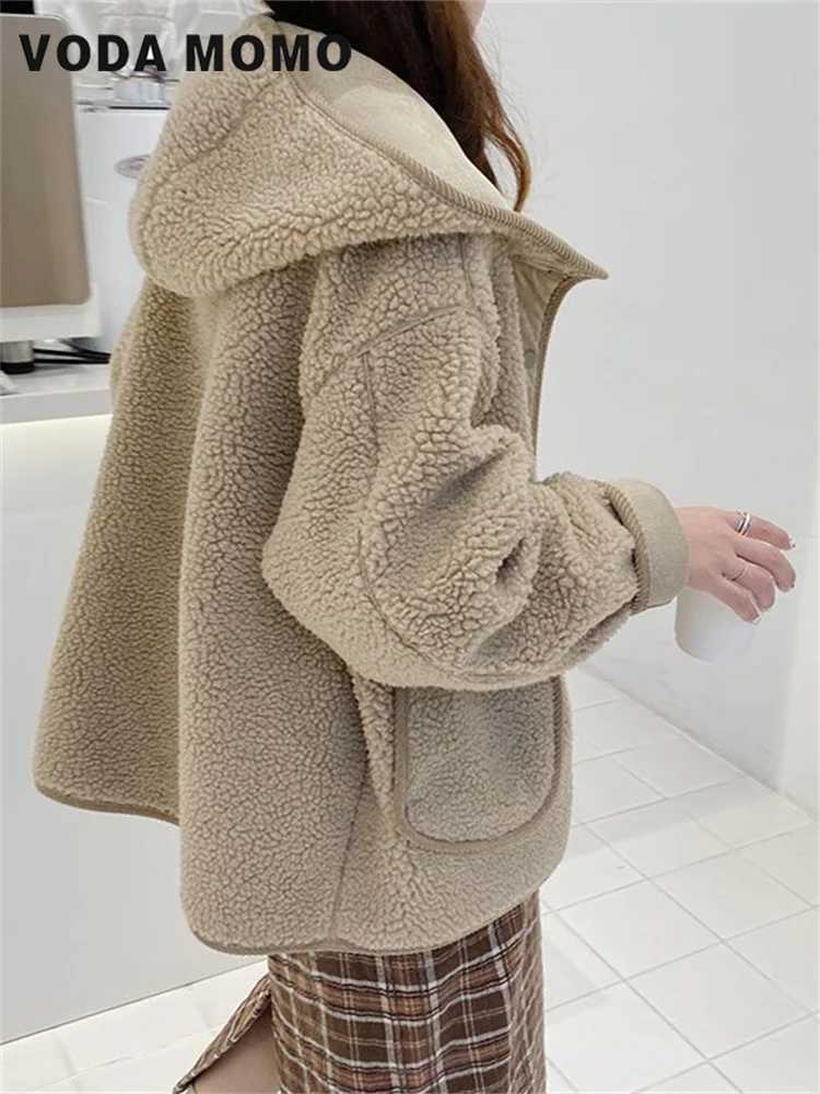 Womens Autumn Winter Loose Warm Lamb Coat Outerwear Female Ladies Cute Fashion Hooded Button Up Jacket Lamb Wool Coat BasicX241018