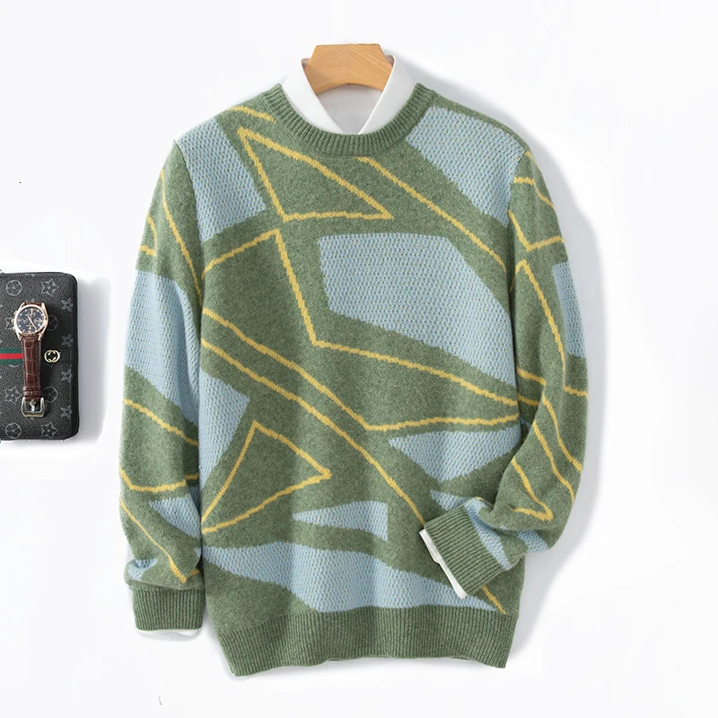 100% pure wool mens Oneck thick color matching sweater autumn and winter business casual loose knit cashmere 241018