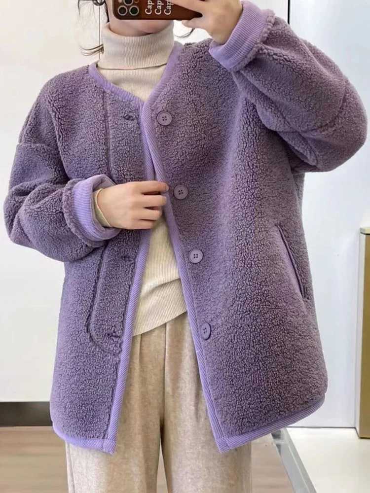 Woman Clothing Autumn Winter New V Neck Plush Jacket Korean Fashion Lamb Wool Womens Coat Taro Purple Solid Warm JacketsX241018
