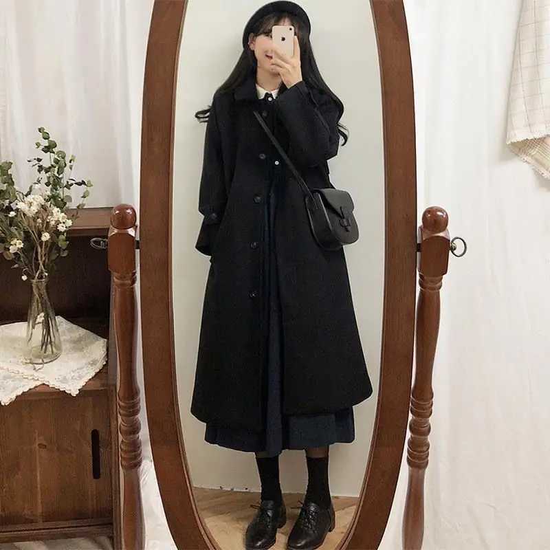 Womens Coat Winter Korean Fashion Long overknee Coated Thickened Woolen Winter Coat for Women Black Coat HarajukuX241009