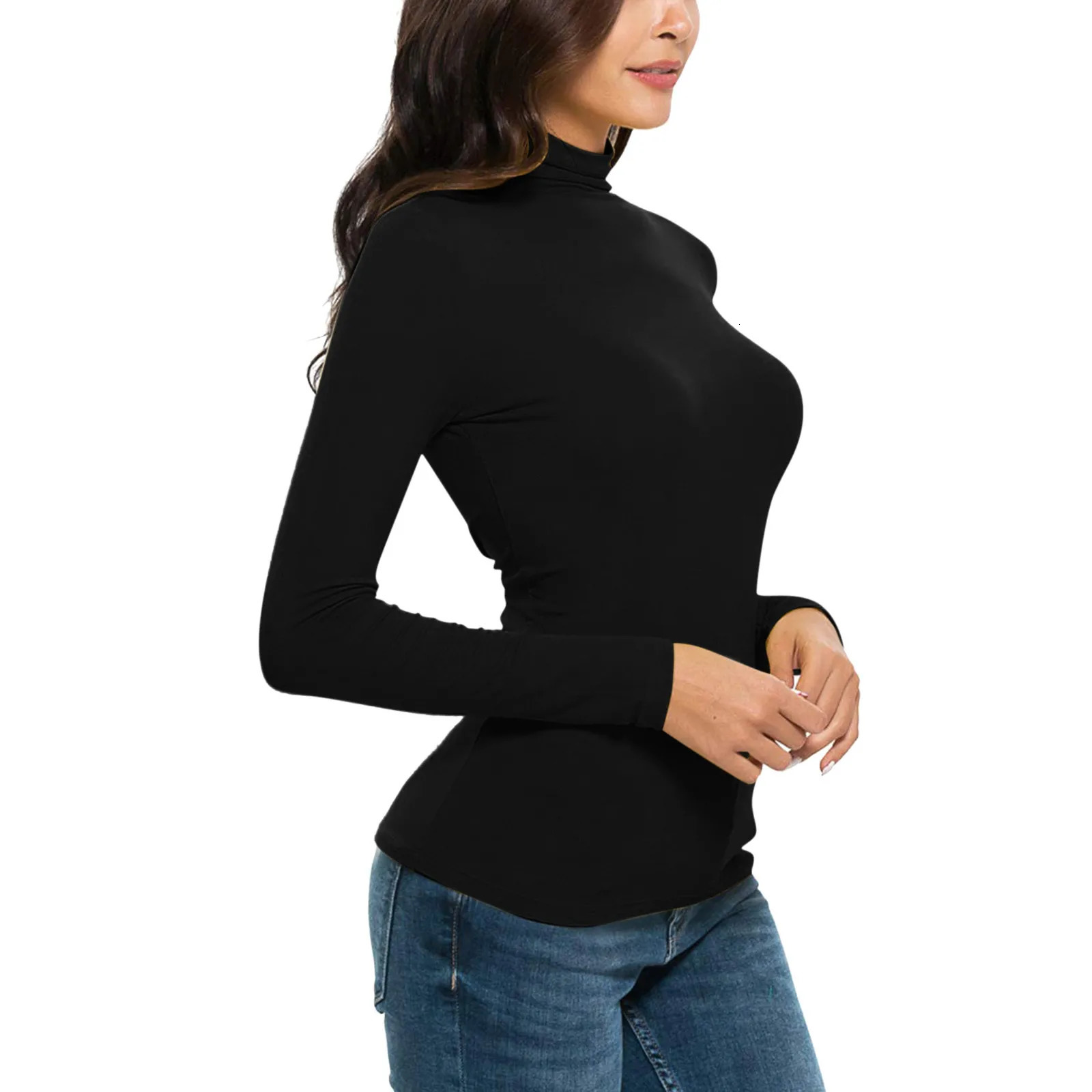 Turtleneck Women Basic TShirt Casual Solid Long Sleeved Blouse Tops Slim Fit Stretchy Versatile Tee Shirts Yellow Black T Shirt 241018