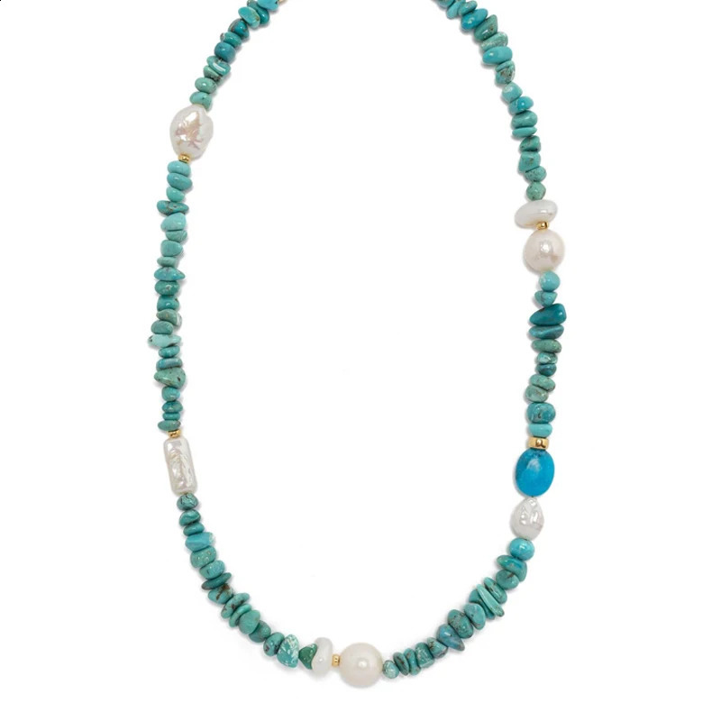 Creative Irregular Blue Stone Natural Freshwater Pearl Bead Necklace Bohemian Exquisite Womens Party Beach Long Jewelry 241018