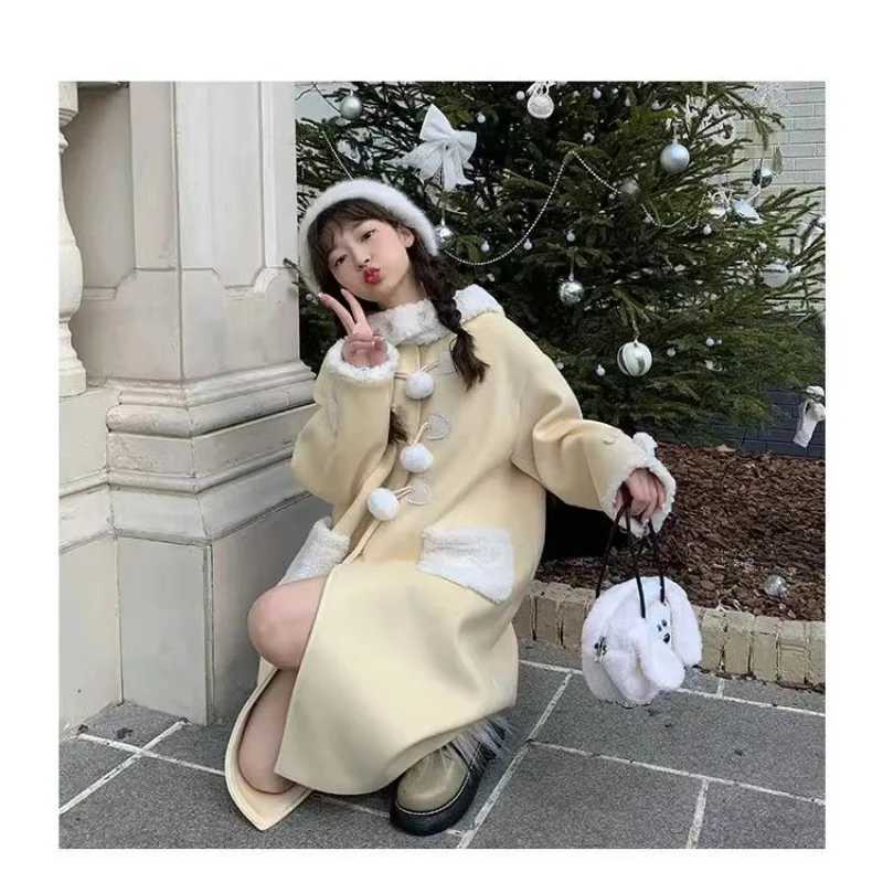 Womens Coat Milk Yellow Lamb Wool Cow Horn Button Woolen Outerwear Autumn Winter New Design Cute Sweet Female ClothingX241009