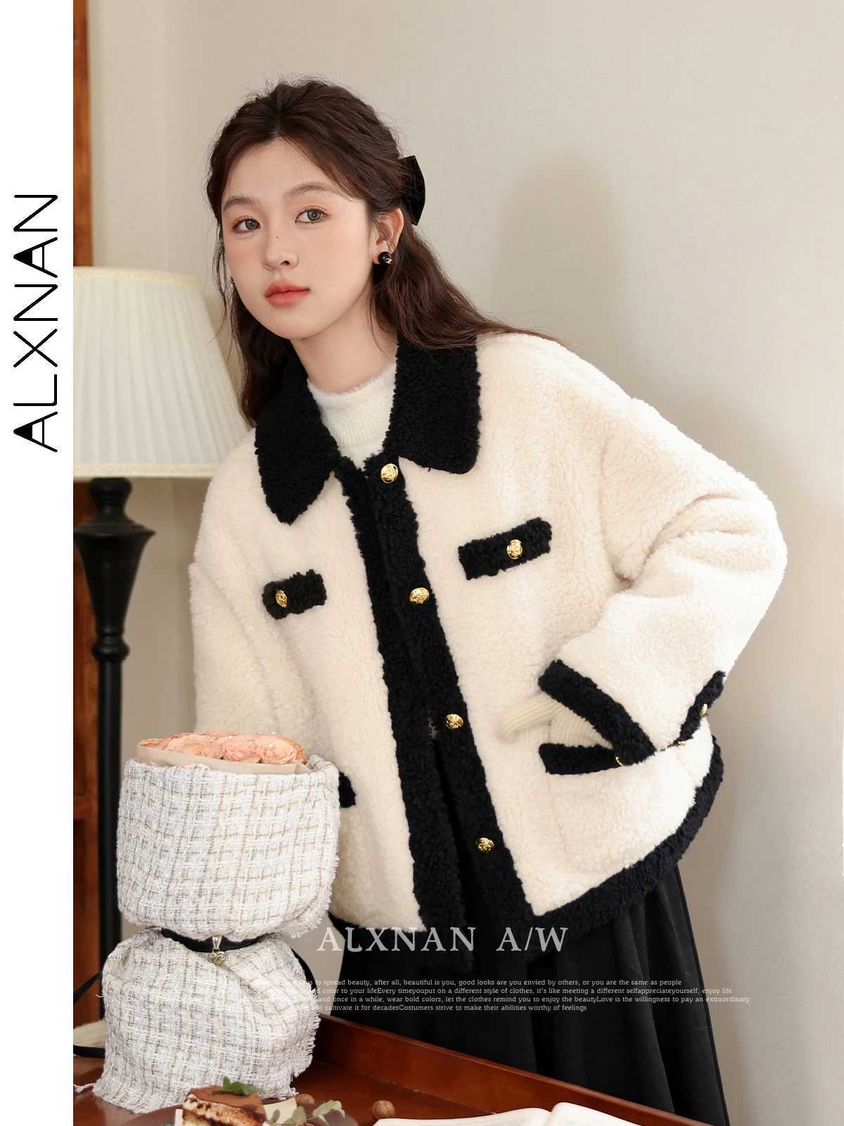ALXNAN Lamb Wool Coat 2024 Autumn Winter New Elegant Lapel Collar Long Sleeve Loose Short Jacket Outerwear for Women LXN32291X241018