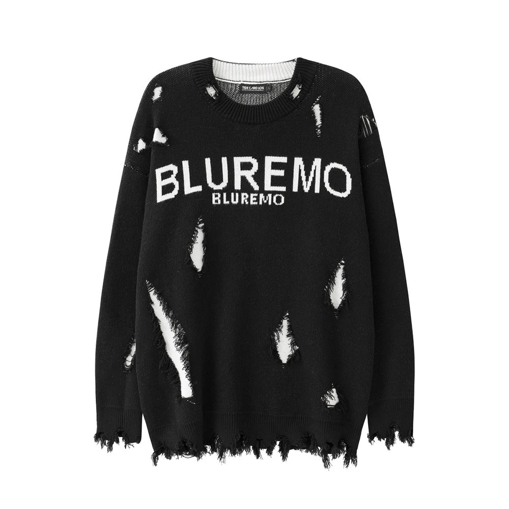 High Street Frayed Ripped Damaged Baggy Fall Sweater for Men and Women Crew Neck Letter Patchwork Casual Woolen Knitted 241018
