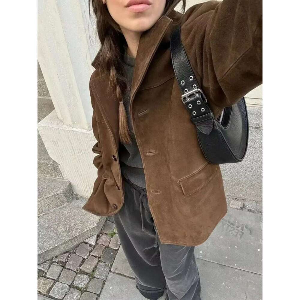 Vintage Solid Women 2024 Fashion Casual Autumn Turn-Down Collar Coats Long Sleeve Single Breasted Female Jacket Loose Lady Coat