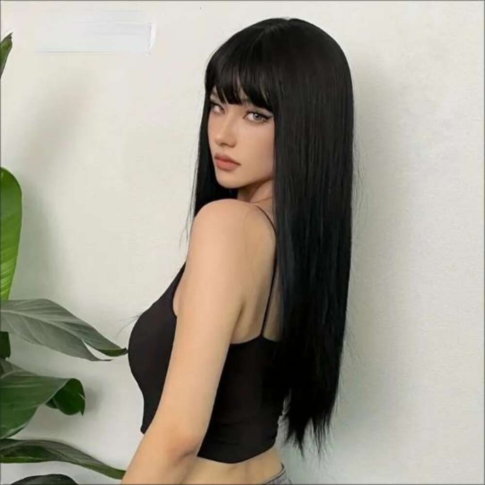 Black Synthetic Wig Women Long Straight Natural Bangs Hair Daily Party Wear Heat Resistant Full Head Cover