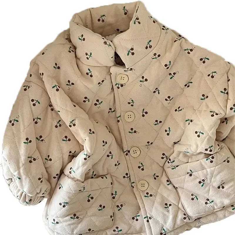 Autumn/Winter New Girl Baby Fashion Comfortable Cherry Printed Round Neck Thin Cotton Coat M241018