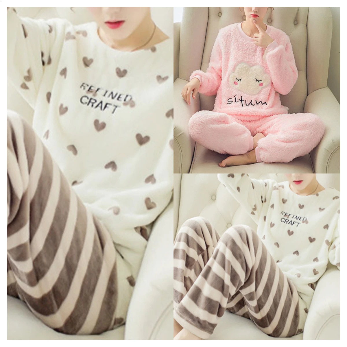 Womens autumn and winter two-piece warm flannel home clothes mens long sleeved pajamas coral velvet O-neck loose cartoon cute 241009