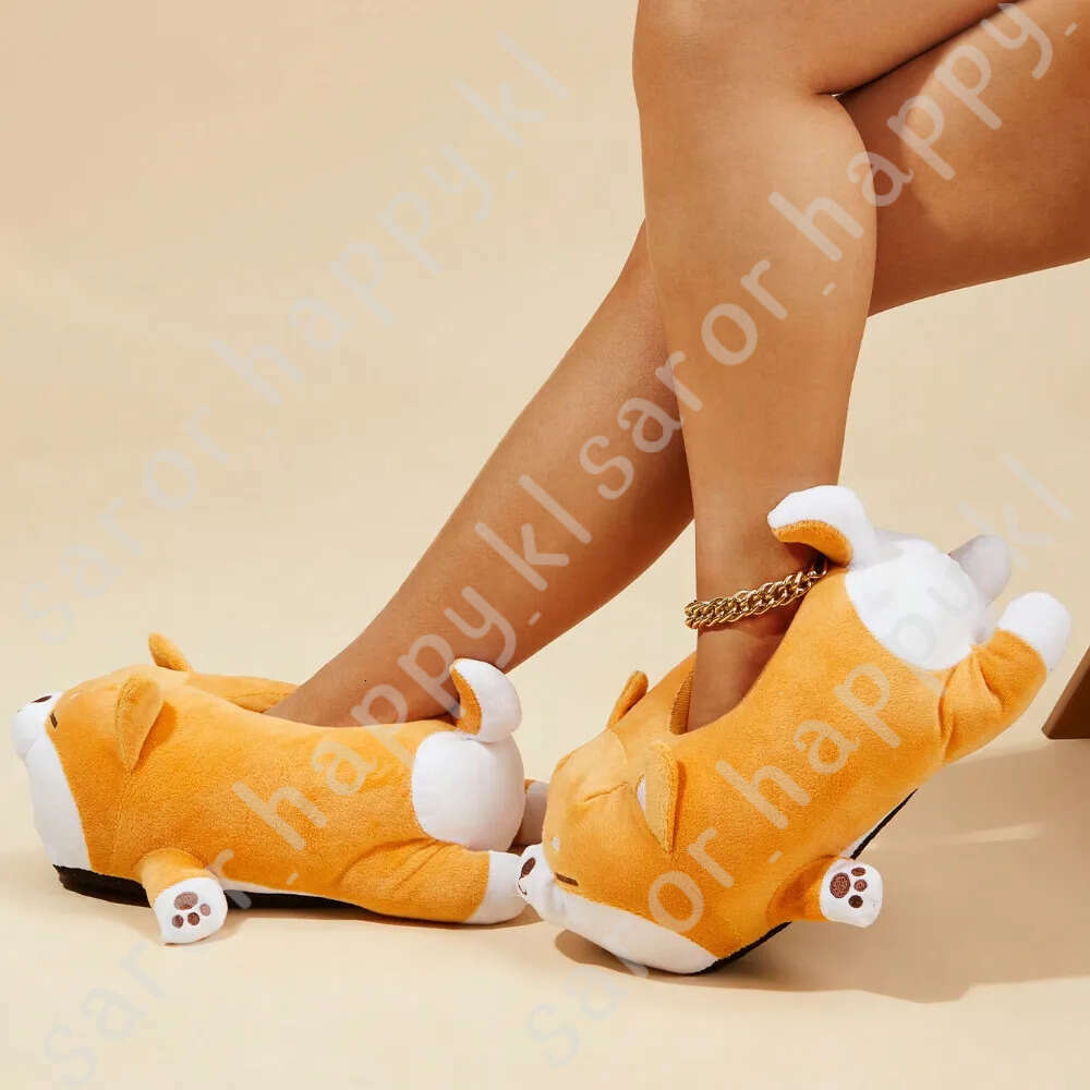 Cute Corgi Shaped Winter New Women Slipper Soft Heel Platform Fur Warm Indoor Comfortable Home Fluffy Home Slippers Shoes 715