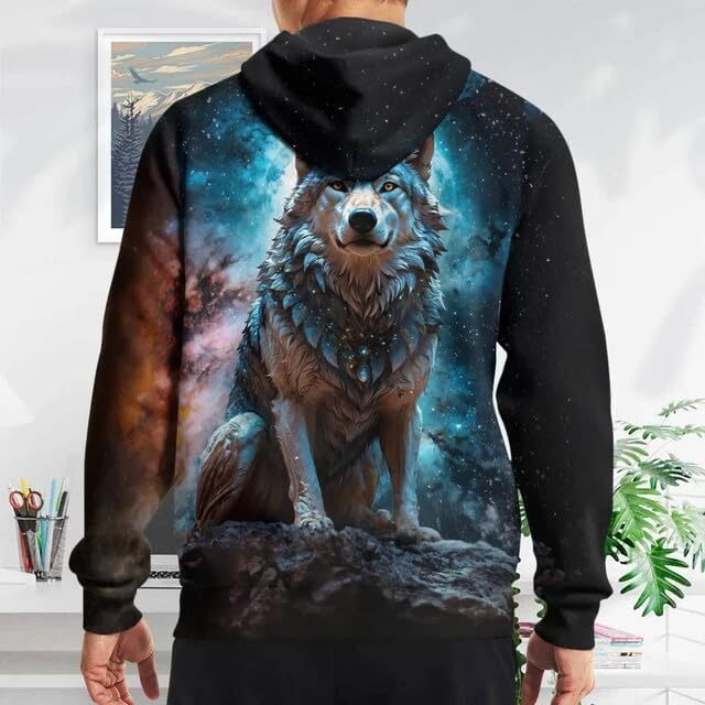 Hoodie for Mens Womens Wolf Hoodies For Men 3D Print Three Wolf Moon Adults Wolves Face Hooded Galaxy Sweatshirt Wolf Graphic Hoodies sweatshirt Warm