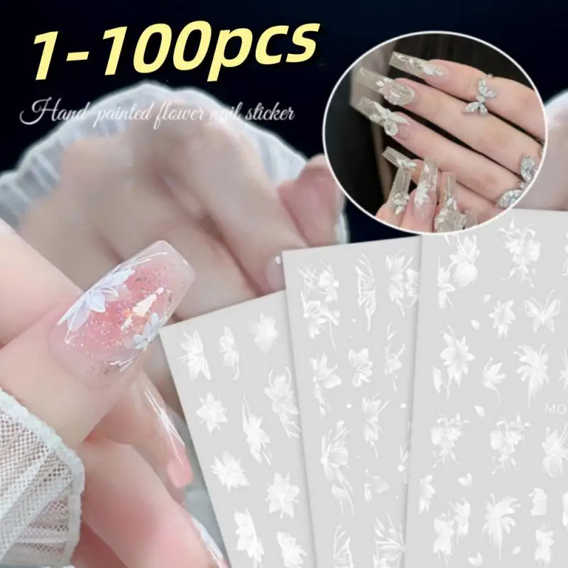 100pcs 5D Diamond White Flower Nail Art Stickers Japanese Exquisite Kawaii Acrylic Nail Decoration Decals DIY Adhesive Accessori 241017