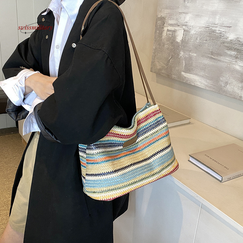 Bohemian style grass for women with large capacity 2024 new summer leisure bucket woven beach bag #15 swissmilitary