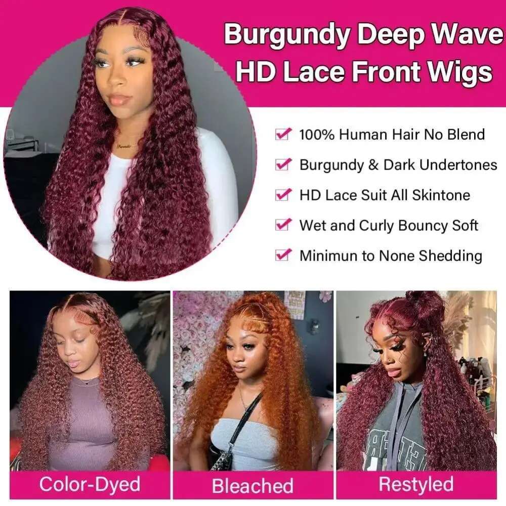 13x6 Lace Frontal Wig 200 Density Burgundy Water Curly 13x4 HD Lace Front Human Hair 36 Inch 99J Red Deep Wave For Black Women