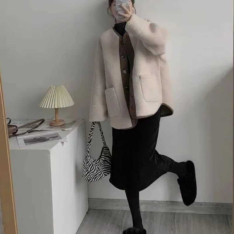 Hdspq Contrast Vintage Lamb Wool Jacket Women Fashion O-Neck Single Breasted Plush Coats Woman 2023 Autumn Winter Warm OuterwearX241018