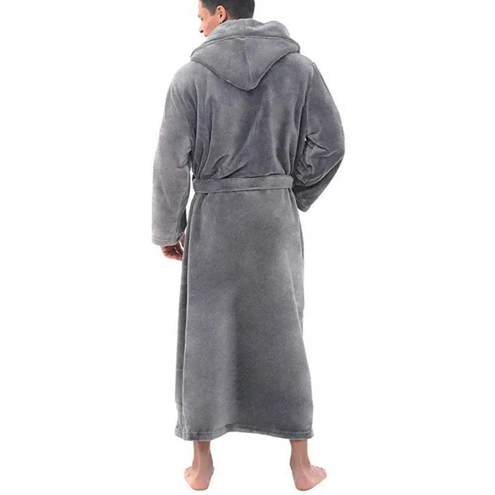 Men Bathrobe Solid Color Skin-touching Anti-freeze Men Flannel Hooded Bath Robe Pajamas for Daily LifeXJ241018