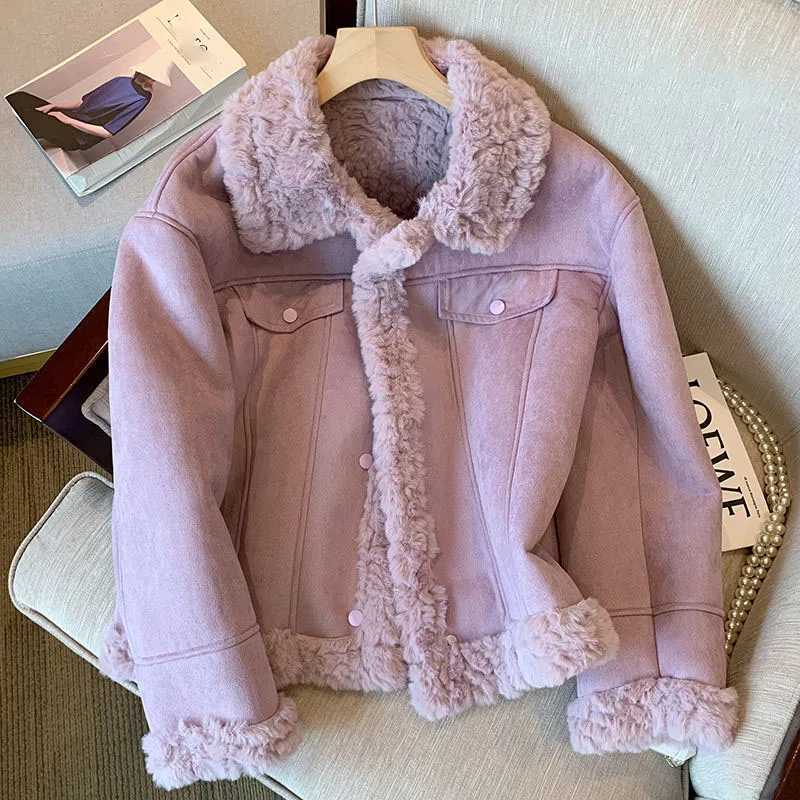 Lucyever Purple Lamb Wool Jacket for Woman 2023 Autumn Winter New Thick Warm Short Jacket Female Korean Style Plush Lapel CoatX241018