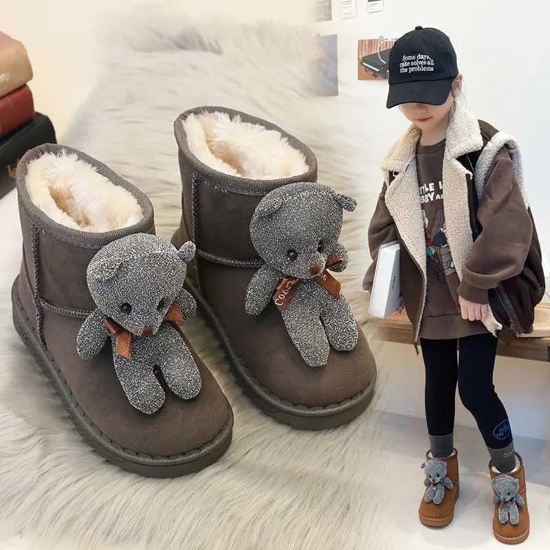 Boots Childrens Thick Plush Snow Boots Winter 2024 New Girl Cute Cartoon Bear Cotton Shoes Princess Warm Flat Ankle Boots H241018