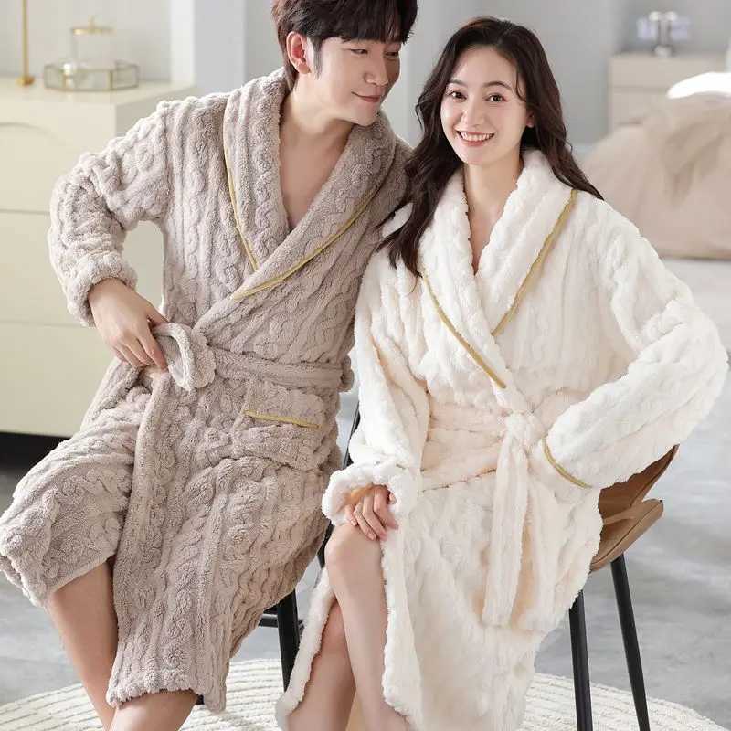 Nightgown Autumn Winter Mens and Womens Same Thickened Warm Coral Fleece Couple Bathrobe Two-Piece Set Four Seasons UniversalXJ241018