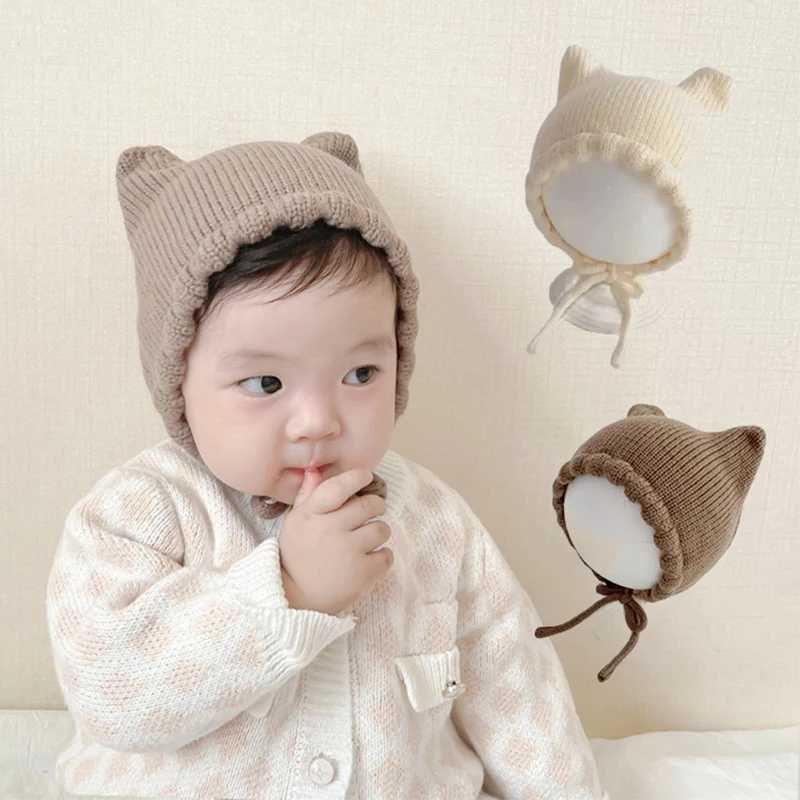 Cute Baby Knitted Hat Autumn Winter Warm Infant Ear Protection Cap Solid Color Cat Ears Kids Boy Girl Crochet Woolen Hat LX241018